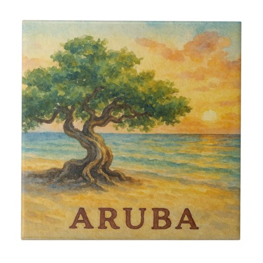 Aruba Eagle Beach Divi Tree Gouden Uur Tegeltje (Voorkant)