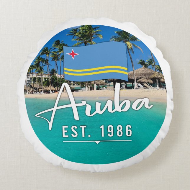 "Aruba Est. 1986" strand met vlag Rond Kussen (Voorkant)