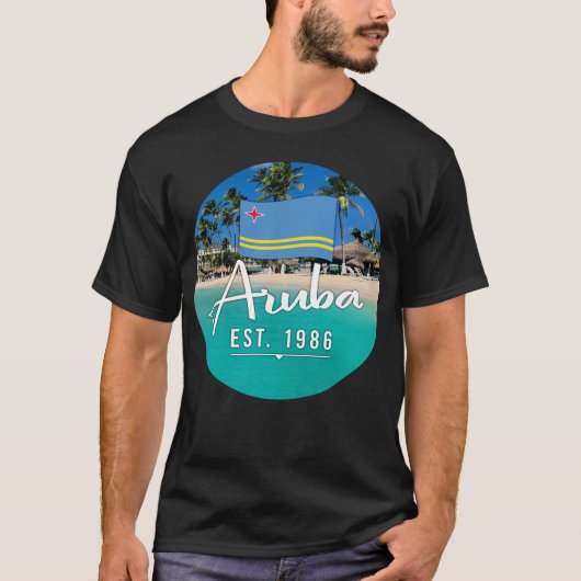 "Aruba Est. 1986" strand met vlag T-shirt (Voorkant)