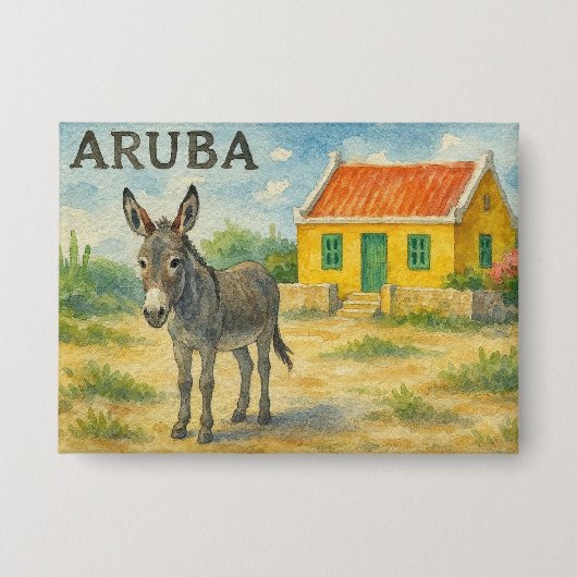 Aruba Ezel met Gele Cunucu huis aquarel Button (Voorkant)