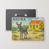 Aruba Ezel met Gele Cunucu huis aquarel Button (Voorkant / Achterkant)
