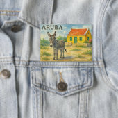 Aruba Ezel met Gele Cunucu huis aquarel Button (Insitu)