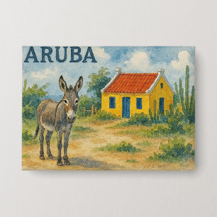 Aruba Geel Cunucu huis met ezel aquarel Button