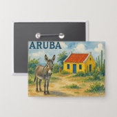 Aruba Geel Cunucu huis met ezel aquarel Button (Voorkant / Achterkant)