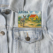 Aruba Geel Cunucu huis met ezel aquarel Button (Insitu)