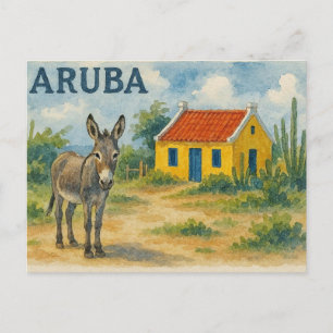 Aruba Geel Cunucu-huis met ezel aquarel Feestdagenkaart