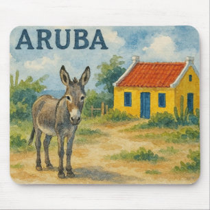 Aruba Geel Cunucu-huis met ezel aquarel Muismat
