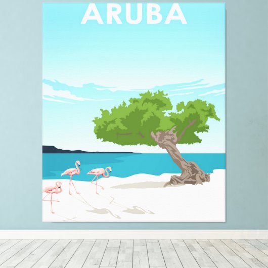 Aruba Island Travel Flamingo | Familie Flamingo Canvas Afdruk (Insitu (Houten vloer))