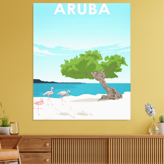 Aruba Island Travel Flamingo | Familie Flamingo Canvas Afdruk (Insitu (Woonkamer))