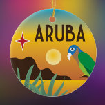 Aruba kleurrijke Caribische illustratie Keramisch Ornament<br><div class="desc">Aruba heldere,  kleurrijke illustratie met een rotsachtig strand,  zon,  aloë planten,  een bruin geworpen parkiet en de vier puntige ster van de vlag van Aruba. De naam is in een  decodoopvont. Herinnert je herinneringen aan je vakantie op je eiland of Caraïbische cruise.</div>