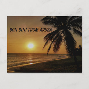 Aruba met zonsondergang over water en palmboom briefkaart