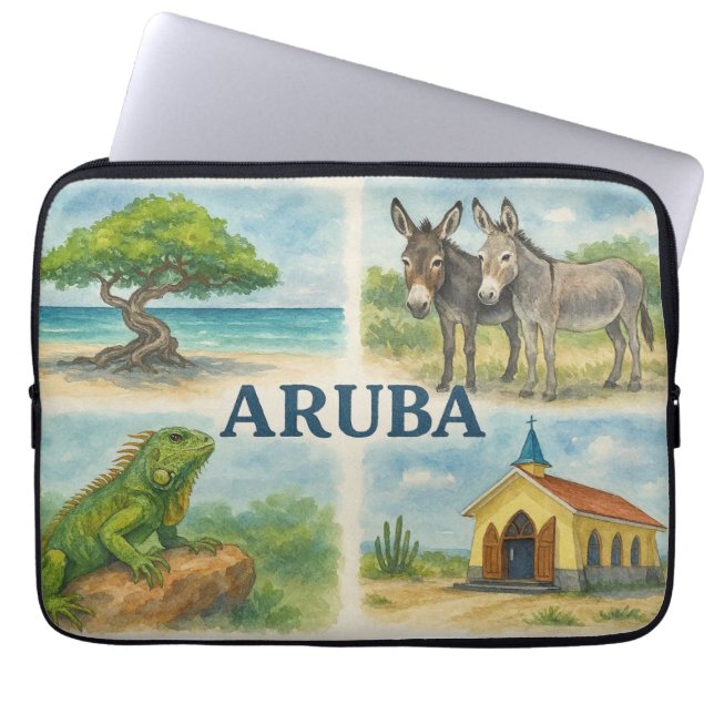Aruba multiweergave waterverf laptop sleeve (Voorkant)