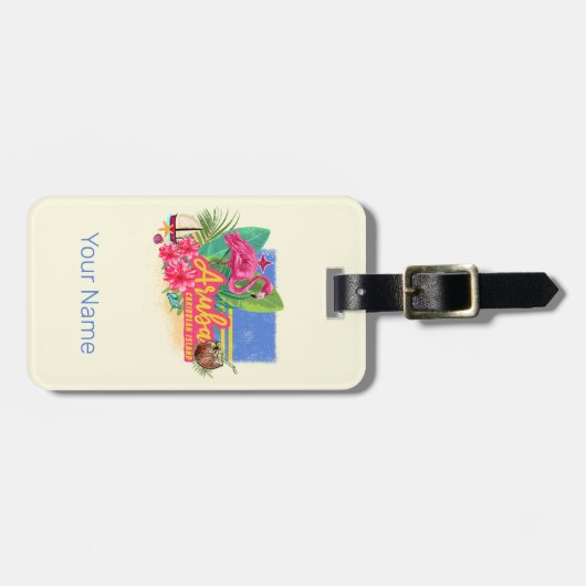 Aruba Retro Caribbean Island met Flamingo  Bagagelabel (Voorkant horizontaal)