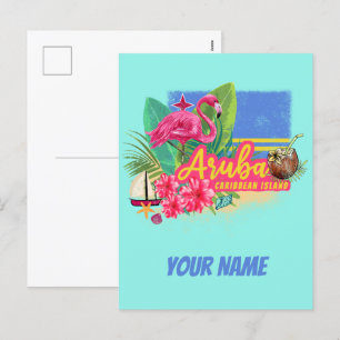 Aruba Retro Caribbean Island met Flamingo  Feestdagenkaart