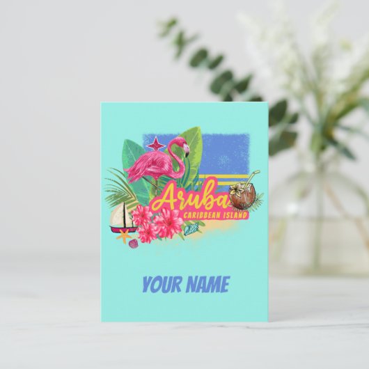 Aruba Retro Caribbean Island met Flamingo Feestdagenkaart (Staand voorkant)