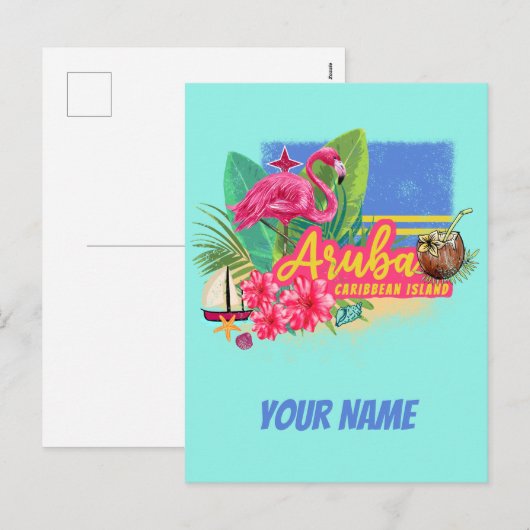 Aruba Retro Caribbean Island met Flamingo  Feestdagenkaart (Voorkant / Achterkant)
