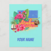 Aruba Retro Caribbean Island met Flamingo  Feestdagenkaart (Voorkant)