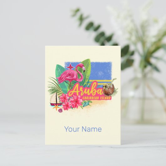 Aruba Retro Caribbean Island met Flamingo Feestdagenkaart (Staand voorkant)