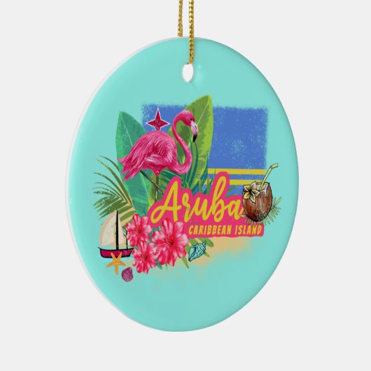Aruba Retro Caribbean Island met Flamingo  Keramisch Ornament (Rechts)
