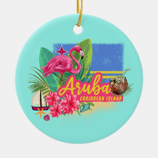 Aruba Retro Caribbean Island met Flamingo  Keramisch Ornament (Voorkant)