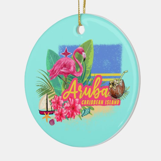Aruba Retro Caribbean Island met Flamingo  Keramisch Ornament (Links)