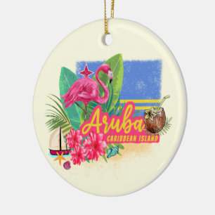 Aruba Retro Caribbean Island met Flamingo  Keramisch Ornament