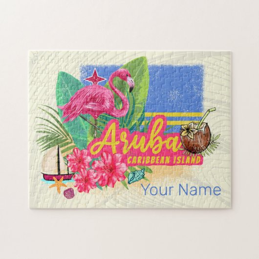 Aruba Retro Caribbean Island met Flamingo  Legpuzzel (Horizontaal)