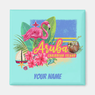 Aruba Retro Caribbean Island met Flamingo  Magneet