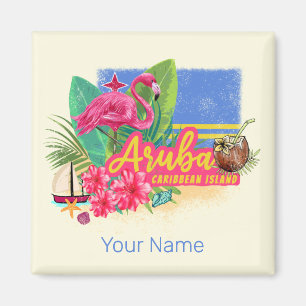 Aruba Retro Caribbean Island met Flamingo  Magneet