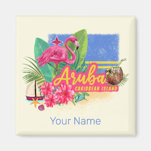 Aruba Retro Caribbean Island met Flamingo Magneet (Voorkant)