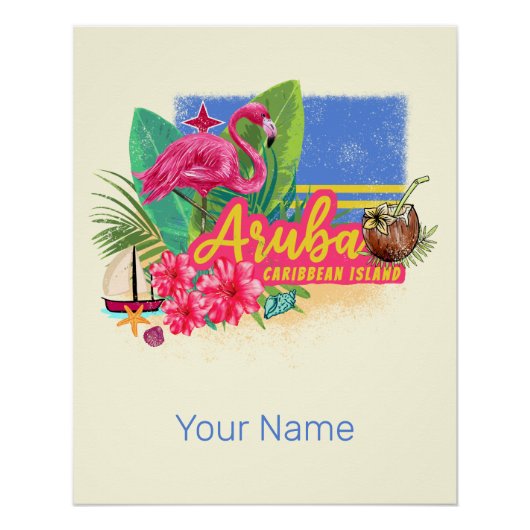 Aruba Retro Caribbean Island met Flamingo  Perfect Poster (Voorkant)