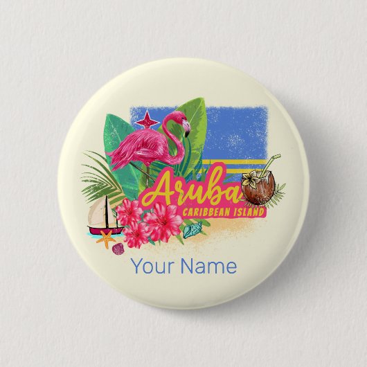 Aruba Retro Caribbean Island met Flamingo Ronde Button 5,7 Cm (Voorkant)