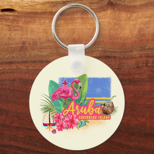 Aruba Retro Caribbean Island met Flamingo Sleutelhanger (Voorkant)