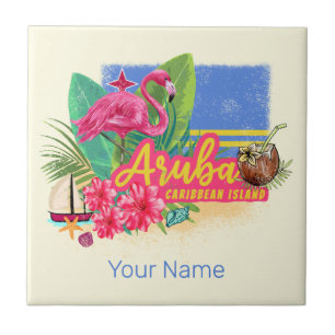 Aruba Retro Caribbean Island met Flamingo  Tegeltje