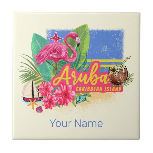 Aruba Retro Caribbean Island met Flamingo  Tegeltje (Voorkant)