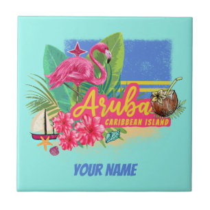 Aruba Retro Caribbean Island met Flamingo  Tegeltje
