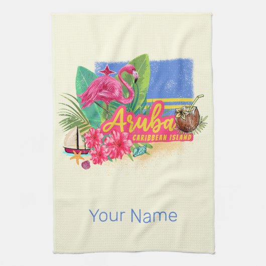 Aruba Retro Caribbean Island met Flamingo  Theedoek (Verticaal)