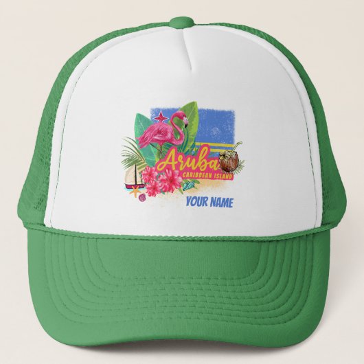 Aruba Retro Caribbean Island met Flamingo  Trucker Pet (Voorkant)