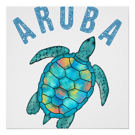 Aruba strand zeeschildpad illustratie perfect poster (Voorkant)