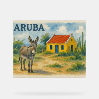 Aruba Yellow Cunucu house with donkey watercolor Acryl Bord