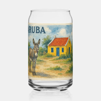 Aruba Yellow Cunucu house with donkey watercolor Blikvorm Glas