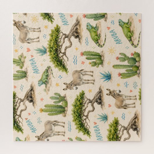 Arubaanse divi boom, ezel, leguaan, cactus legpuzzel (Verticaal)