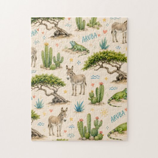Arubaanse divi boom, ezel, leguaan, cactus legpuzzel (Verticaal)