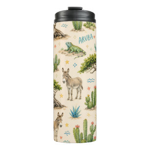 Arubaanse divi boom, ezel, leguaan, cactus thermosbeker