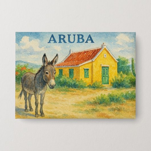 Arubaanse Ezel en Cunucu Huis Aquarel Button (Voorkant)