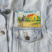 Arubaanse Ezel en Cunucu Huis Aquarel Button (Insitu)