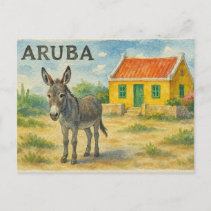 Arubaanse ezel met gele cunucu huis aquarel briefkaart