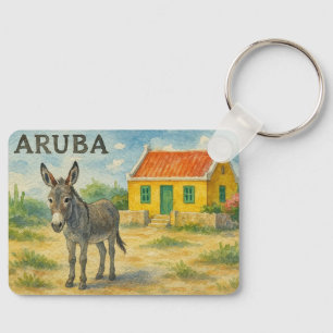 Arubaanse ezel met gele cunucu huis aquarel sleutelhanger