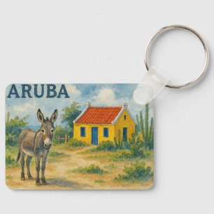 Arubaanse gele cunucu huis met ezel aquarel sleutelhanger