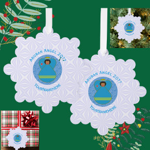 Arubaanse Vlag Engel Gepersonaliseerde Blauwe Teks Ornament Kaart